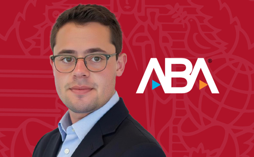 A red graphic with a headshot of a young man in a suit next to an ABA logo.