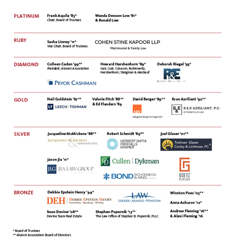 A graphic listing many sponsors of Brooklyn Law School's 2026 Alumni Dinner.