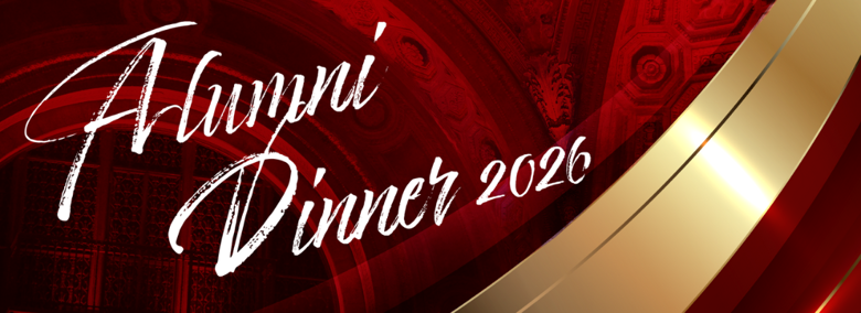 Alumni Dinner 2026 logo with red background and gold stripe
